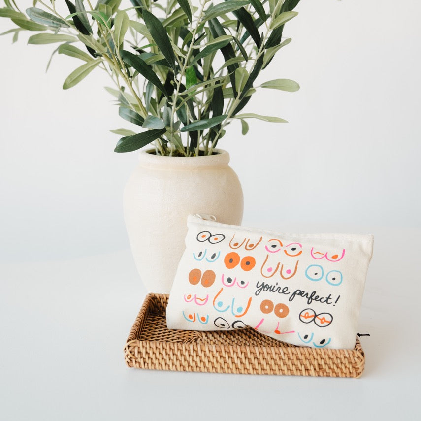 Potted plant on a tray with a decorative pouch featuring smiley faces and text.